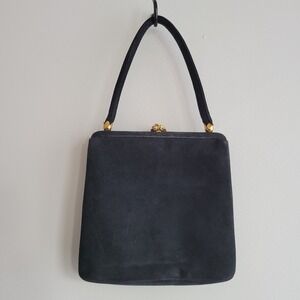 Vintage 60s Coblentz‎ perma suede black satchel handbag purse gold rose detail